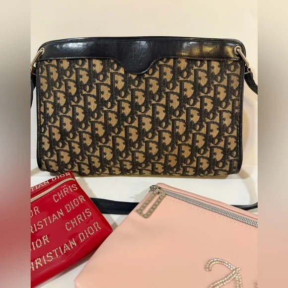 Dior Vintage Canvas Logo and Blue Leather Bag EUC Including 2 Pouches - Picture 2 of 15